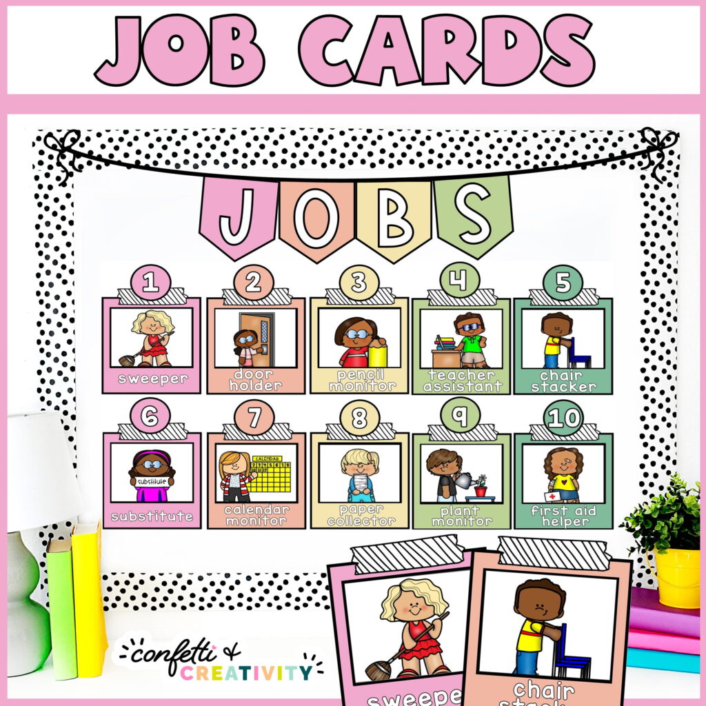 Shows the classroom jobs display on a bulletin board