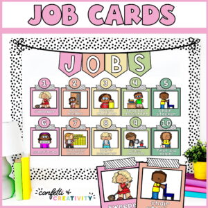 Shows the classroom jobs display on a bulletin board