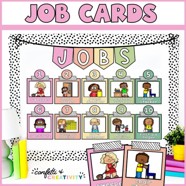 Shows the classroom jobs display on a bulletin board