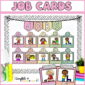 Shows the classroom jobs display on a bulletin board