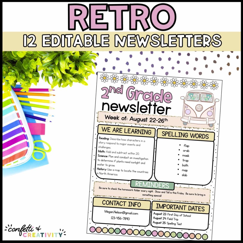 Shows a completed newsletter example sitting on a table