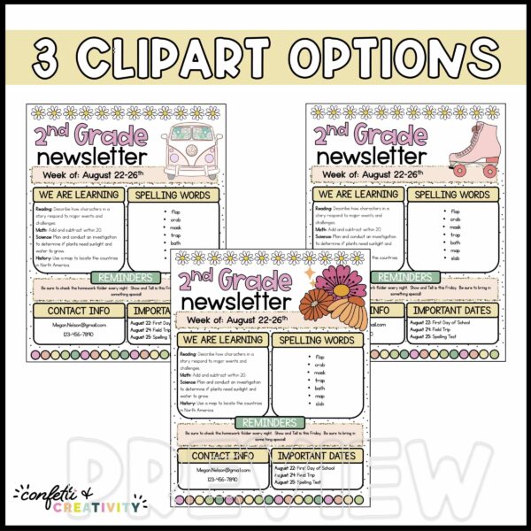 Retro Classroom Newsletters - Design Options Shows 3 different clipart options available at the header of the newsletters