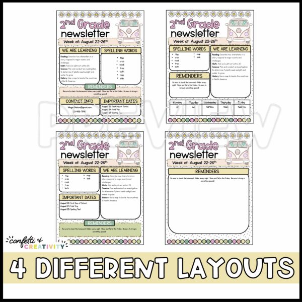 Retro Classroom Newsletters - Layout Options Shows 4 different layout options for the newsletters