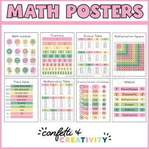 Shows all 8 math posters included in the product
