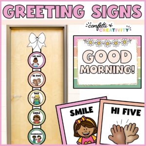 Shows the entire greeting sign set up on a ribbon on a classroom door