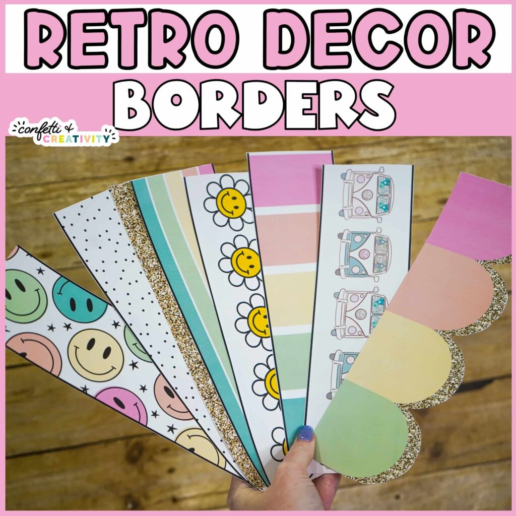Shows printable bulletin board boarders with a wooden bulletin board paper behind it
