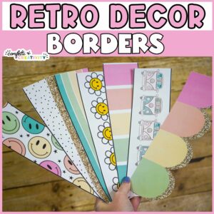 Shows printable bulletin board boarders with a wooden bulletin board paper behind it