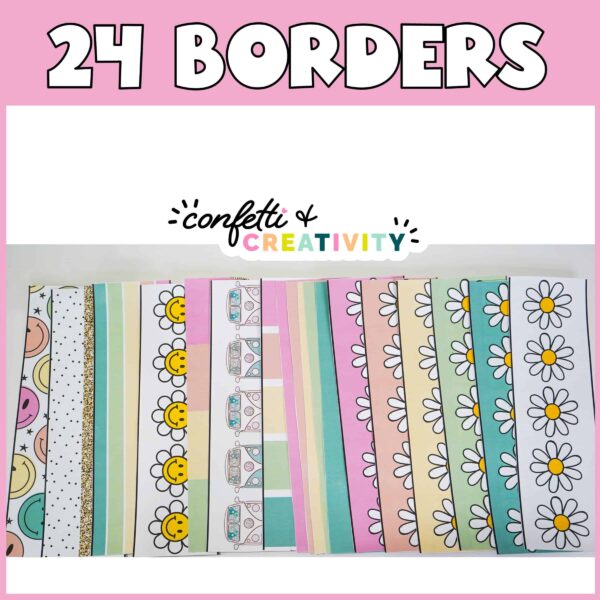 Retro Printable Bulletin Board Borders 2 Shows 24 different printable bulletin board borders laid out on a table