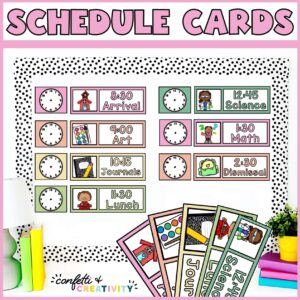 Shows the entire visual schedule set up on a bulletin board