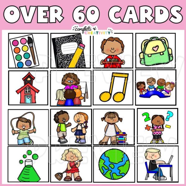Retro Visual Schedule - Example Cards Shows 16 different cards with the text "over 60 cards" at the top of the image
