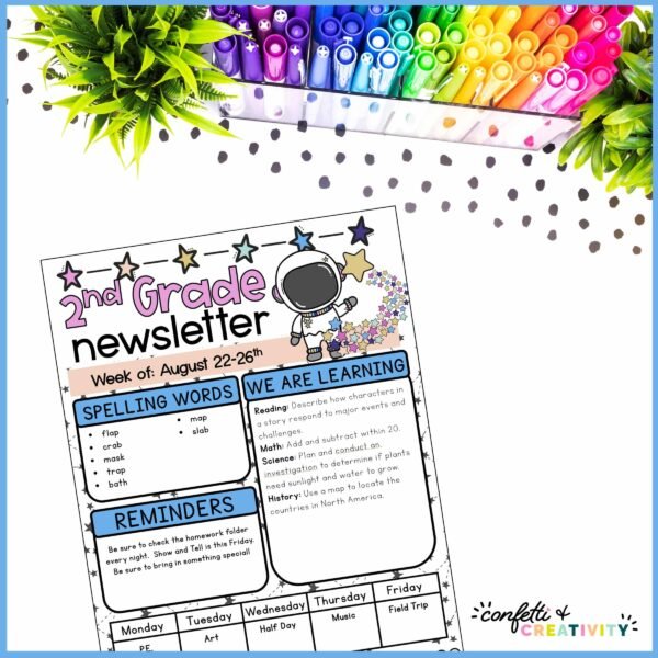 Space Classroom Newsletter - Stock Photo Shows the newsletter filled out as an example on a classroom table