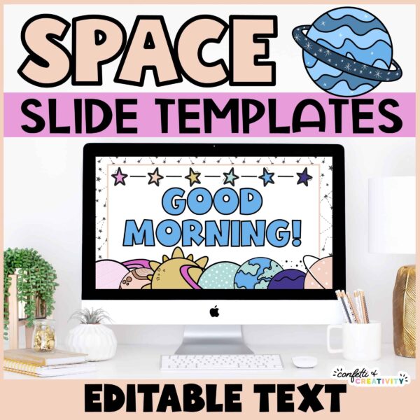 Shows text "Space slide templates" at the top of the image with an example slide on a stock photo of a computer screen