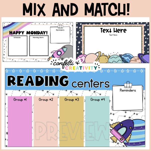 Space Teaching Slides - Slide Examples Shows multiple clipart and editable options to mix and match google slides for teaching