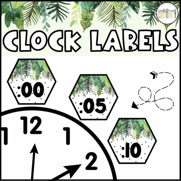 Shows clock labels next to stock photo clock