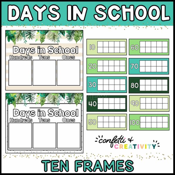 Shows ten frames to track the number of days in school as well as sheet of paper to write out the number of days that have passed