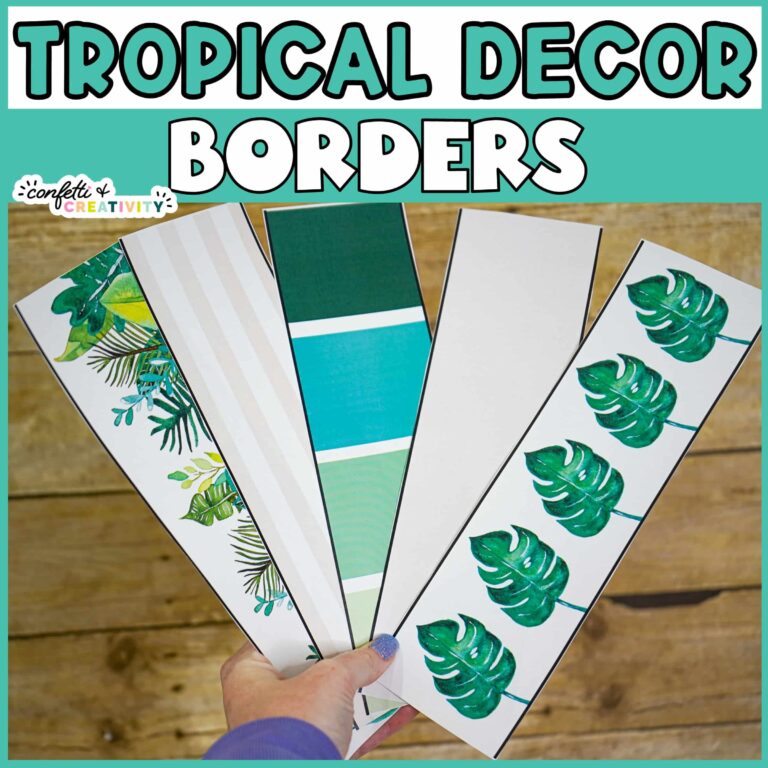 Shows text "Tropical Decor Borders" at the top with fanned out examples of printable bulletin board borders