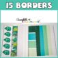 Shows text "15 borders" at the top of the page with all the printable borders laid out on a table.