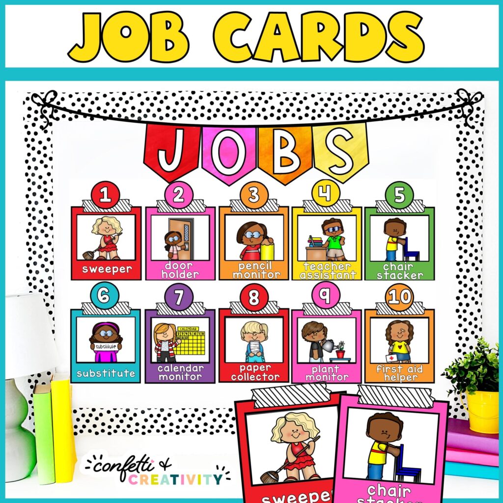 Shows the entire classroom job set set up on a bulletin board