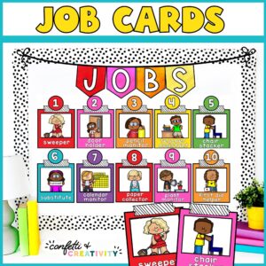 Shows the entire classroom job set set up on a bulletin board
