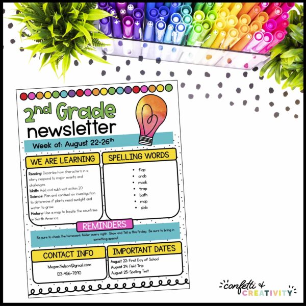 Watercolor Classroom Newsletter - Stock Photo Shows the newsletter filled out as an example on a classroom table