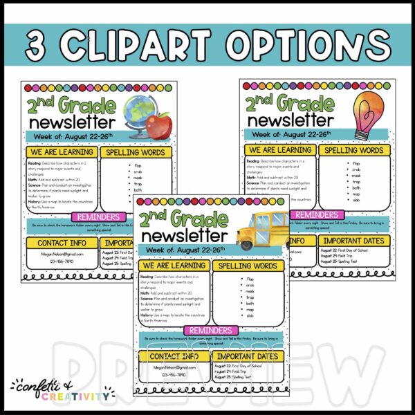 Watercolor Classroom Newsletter - Clipart Options Shows 3 different clipart designs as headers on the newsletters
