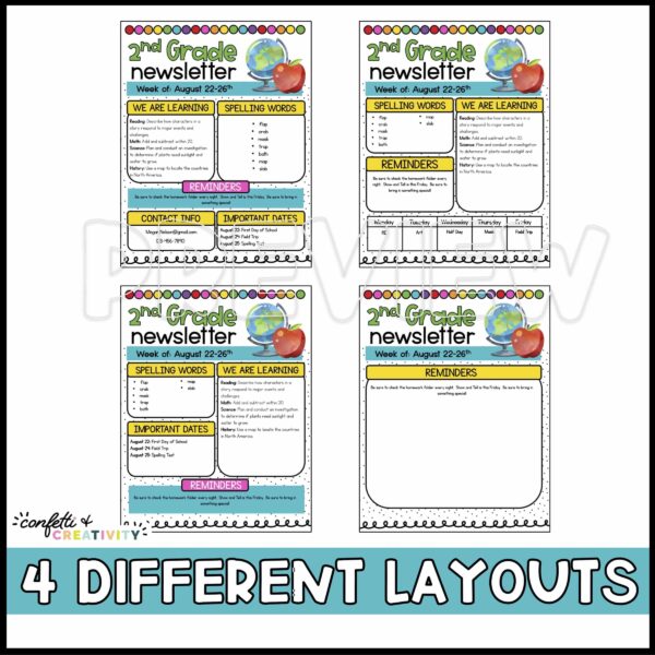 Watercolor Classroom Newsletter - Layout Options Shows 4 different layout options for the newsletters