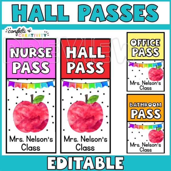 Shows sets of hall passes with an apple as the clipart
