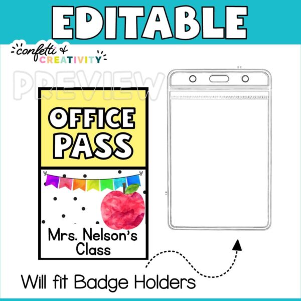 Watercolor Hall Pass 2 Shows a small hall pass next to the plastic carrier of a lanyard to show that the hall passes can be put into the lanyard