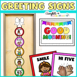 Shows the greeting cards set up on a ribbon on a classroom door