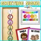 Shows the greeting cards set up on a ribbon on a classroom door