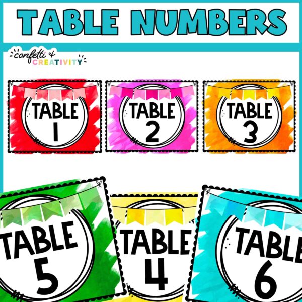 Shows table numbers 1 through 6 in bright watercolor colors