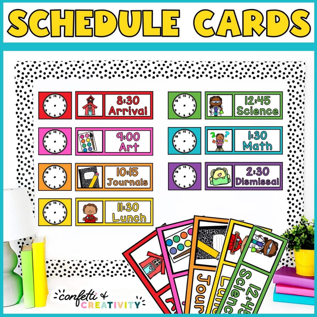 Shows the entire visual schedule set up on a bulletin board