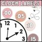 Shows clock labels with a stock photo clock