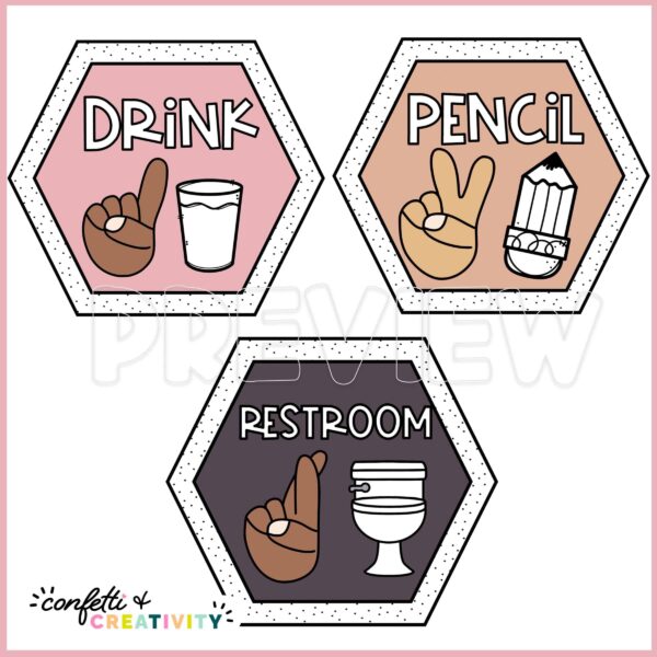 Boho Neutral Hand Signals 3 Shows hand signals with black and white clipart of the object being signed with the hand signal