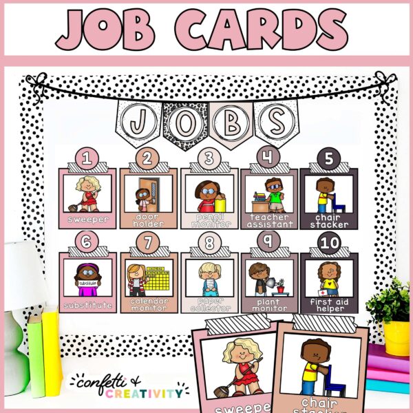Shows the classroom job cards on a stock image bulletin board.