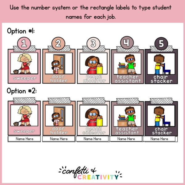 Boho Neutral Classroom Jobs - Two Options for Numbering System Shows two different options to add student names or a numbering system to the job cards