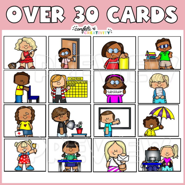 Boho Neutral Classroom Jobs - Example Jobs shows 12 of the 30 examples of the visual classroom job cards that are included