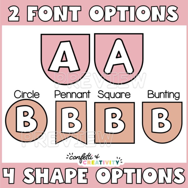 Boho Neutrals Header-Working on Preview 3 shows 2 different text options and 4 different shape posters that be used to create different subject headers at the top of the board or anywhere in the classroom