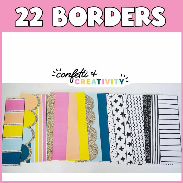 Bold Bright Printable Bulletin Board Borders 2 Shows examples of the 22 bulletin boarders that a teacher can print and post on their board to add beautiful color. Options include gold glitter, black and white doodles as well as multi-colored