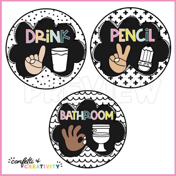 Bold Bright Hand Signals 3 Shows the classroom hand signals with hand signal clipart and black and white pictures to help the younger grades know what's expected