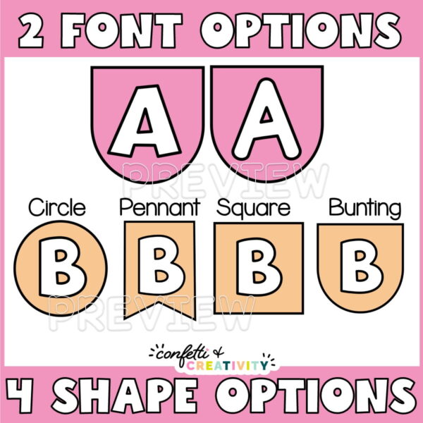 Bold Brights 3 Shows 2 different font options included as well as 4 different shapes that can be used.