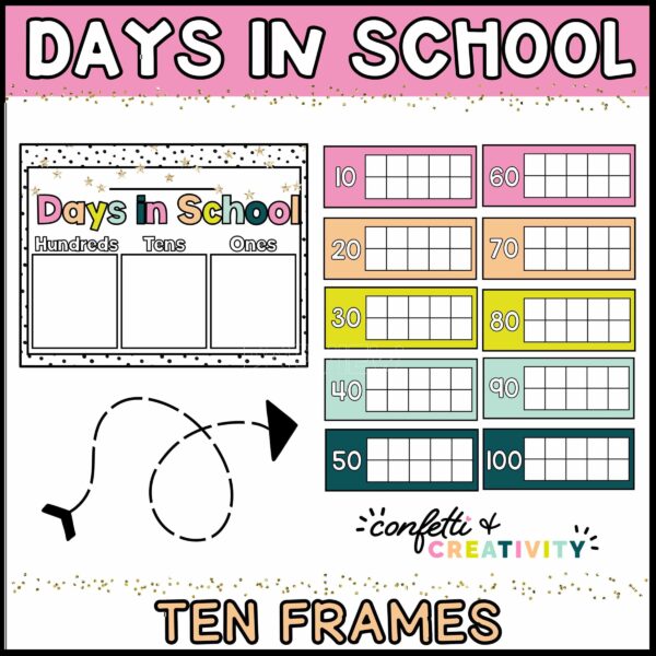 Shows Days in School Tracker Options with ten frames as well as a header that allows you to write the numbers onto