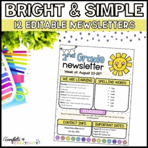 Shows cover photo of a bright classroom newsletter. Includes sunshine clipart