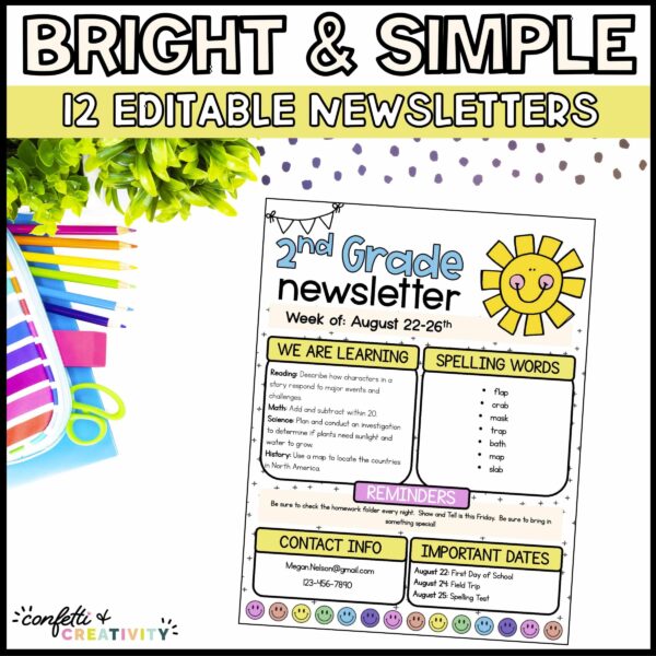 Shows cover photo of a bright classroom newsletter. Includes sunshine clipart