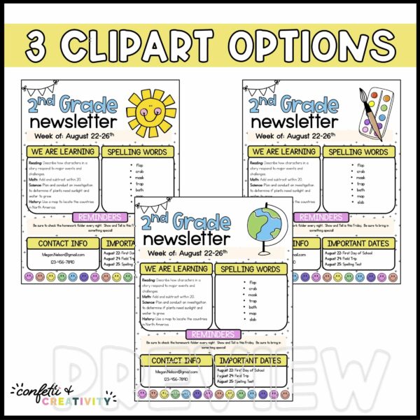 Bright and Simple Newsletters - 3 Different Clipart Options Shows 3 different clipart options for a bright classroom newsletter. Clipart oiptions include sunshine, a globe, and a set of paint with paint brushes