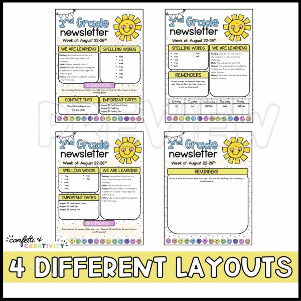 Bright and Simple Newsletters - 4 Different Layout Options Shows 4 different layout options for classroom newsletters. All include sunshine clipart