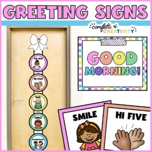 Shows the bright and simple morning greeting signs set up on a banner and board