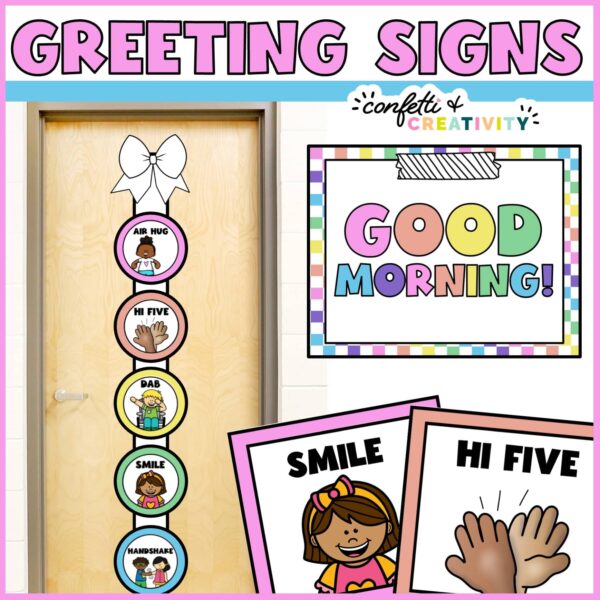 Shows the bright and simple morning greeting signs set up on a banner and board