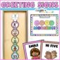 Shows the bright and simple morning greeting signs set up on a banner and board