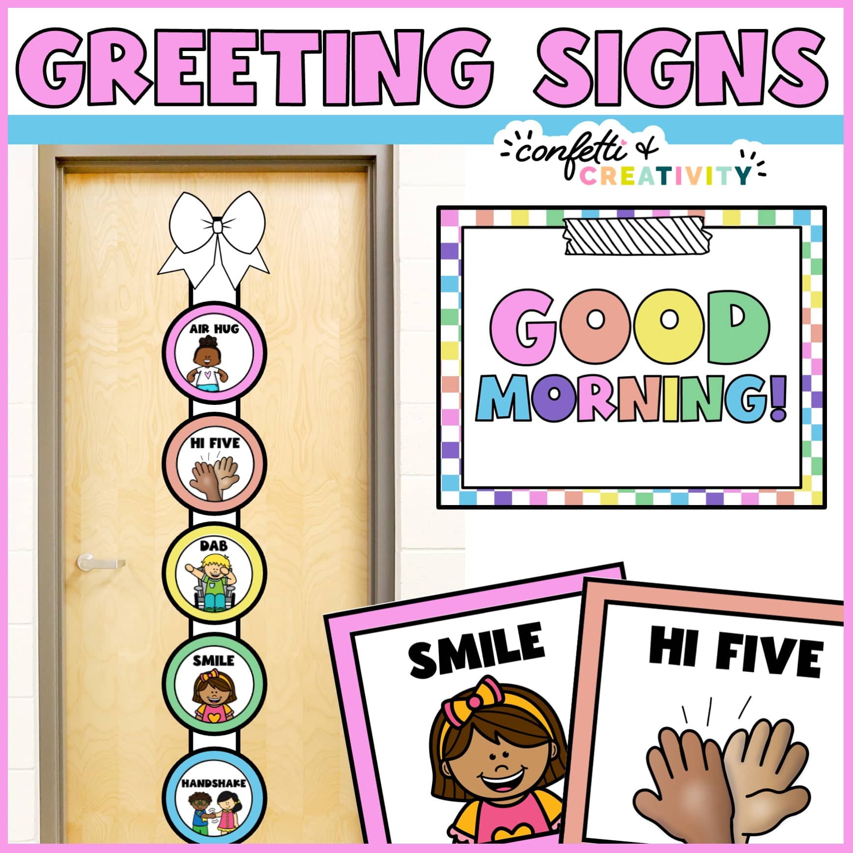 Shows the bright and simple morning greeting signs set up on a banner and board